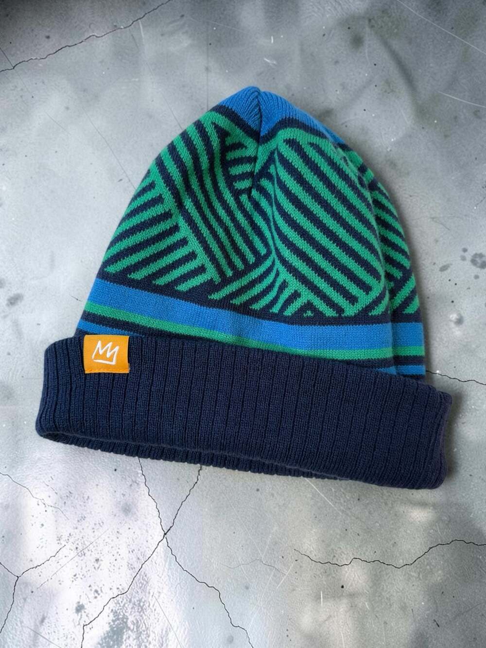 25.26 A Mammoth Beanie Navy Green Blue Striped Winter Hat